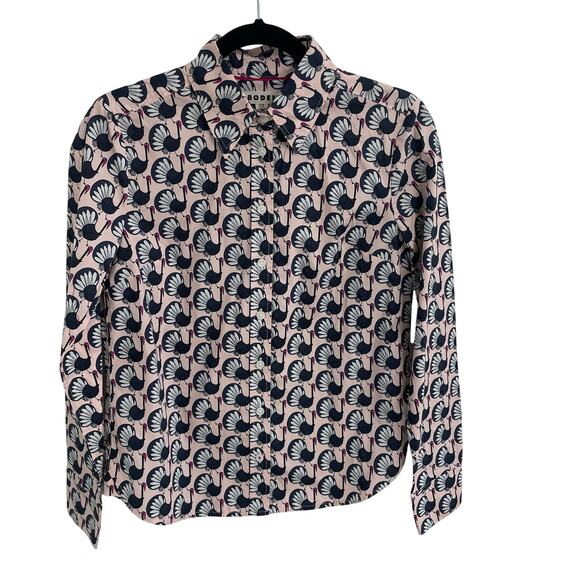 Boden 100% Cotton Pink Navy Turkey Print Button Up Womens Size 2 - Picture 1 of 6